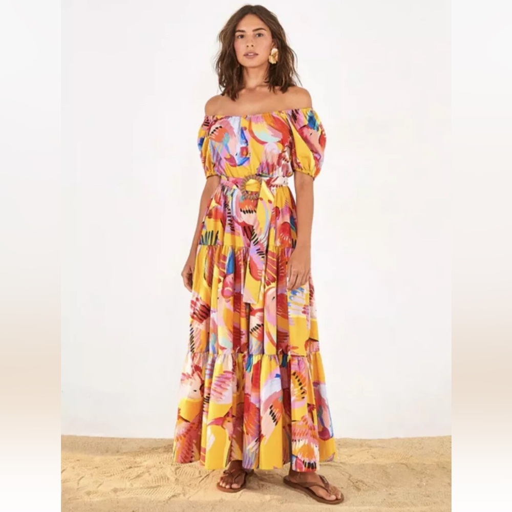 NWT FARM RIO Anthropologie Neon Macaws Puff Sleeve Maxi Dress - Picture 13 of 16